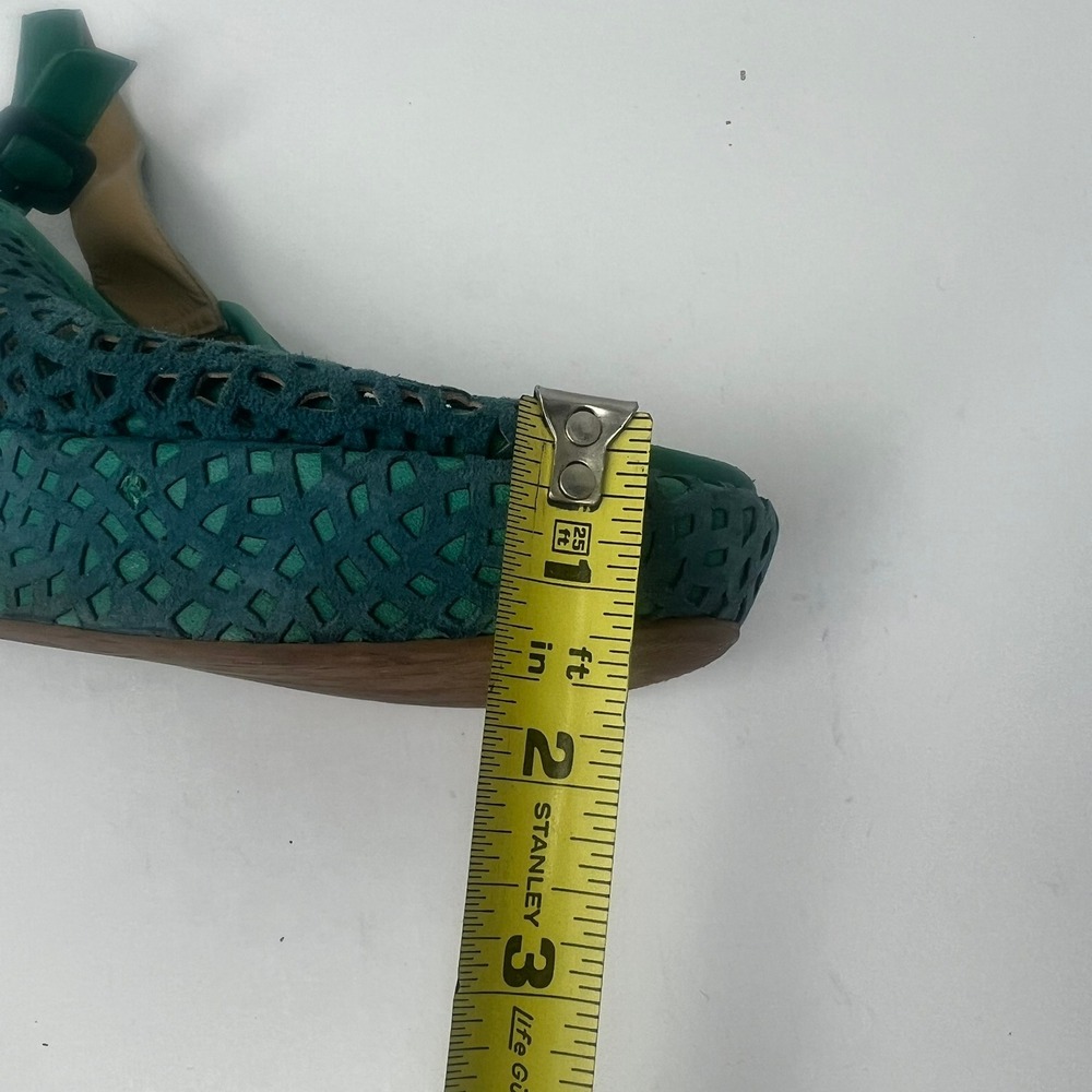 Audley London Teal Green Suede Laser Cut Wedge Sandals 9 Peep Toe Slingback Boho - Picture 11 of 12